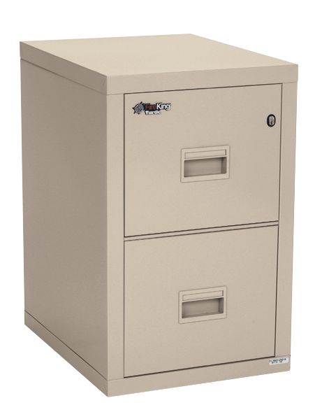 Tan two-drawer metal filing cabinet with handle and lock.