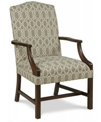 Upholstered armchair with geometric pattern, wooden frame and armrests, neutral color scheme.