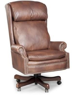 Brown leather executive office chair with high back, studded trim, and wooden base with wheels.