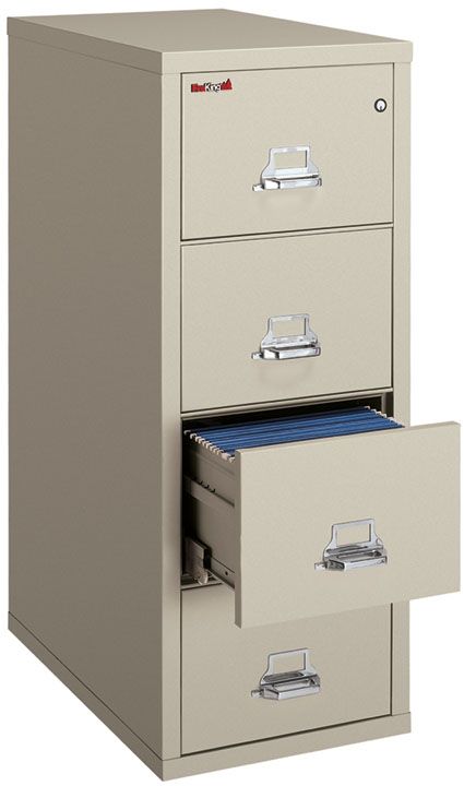 Tan metal four-drawer file cabinet, one drawer open showing blue files.