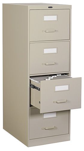 Tan metal filing cabinet with four drawers, one drawer open.