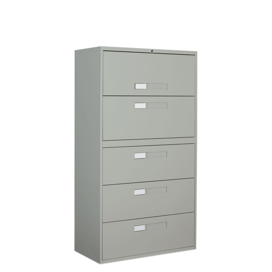 Gray metal filing cabinet with five drawers.