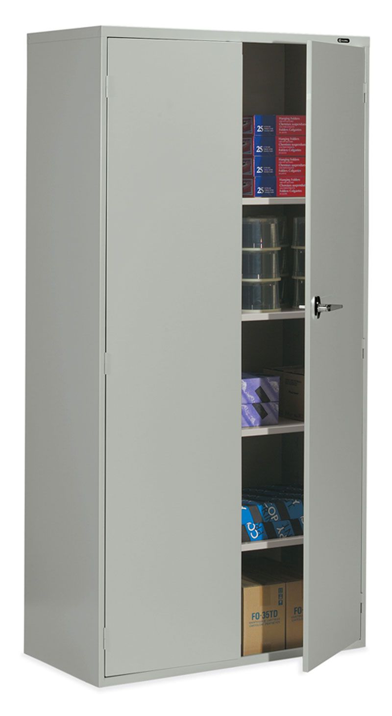 Gray metal storage cabinet with open door, showing shelves with boxes and containers.