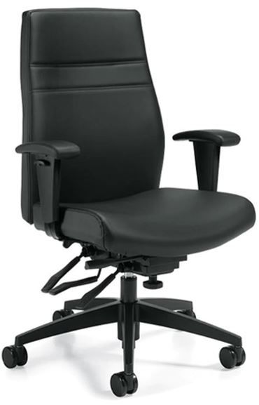 Black leather office chair with adjustable armrests and base.