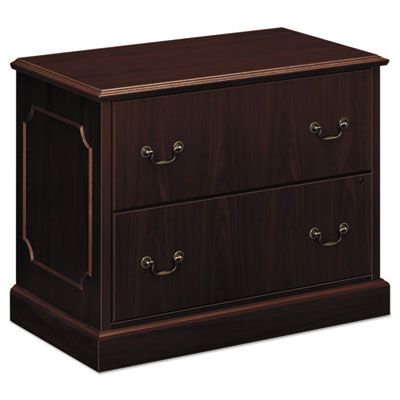 Dark brown two-drawer file cabinet with antique bronze handles.