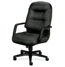 Black leather office chair with armrests on a five-wheel base.