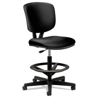 Black adjustable drafting chair with footrest and wheels.