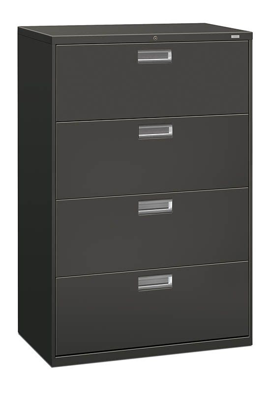 Dark gray, four-drawer filing cabinet with silver handles.