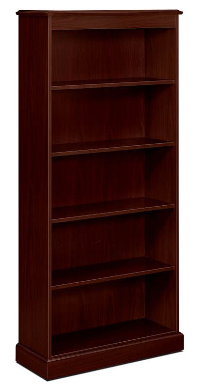 Dark brown wooden bookshelf with five shelves.