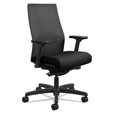 Black office chair with mesh back, adjustable arms, and five-wheel base.