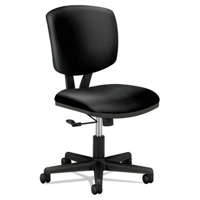 Black office chair with a back, seat, armless, and on wheels.