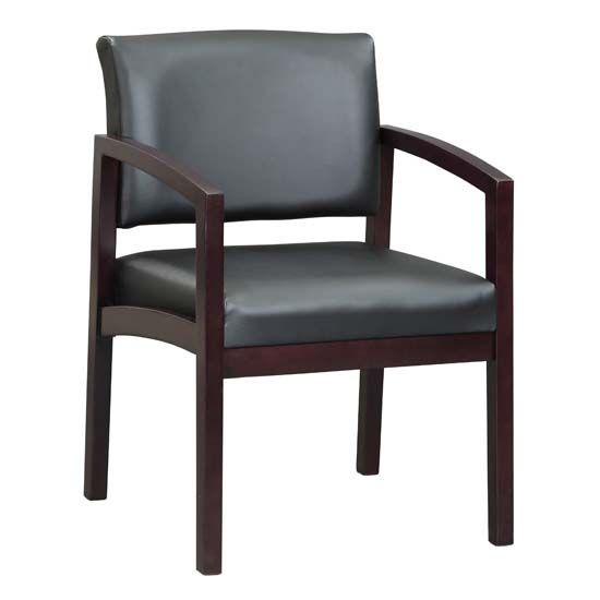 Dark brown wood armchair with black seat and back.