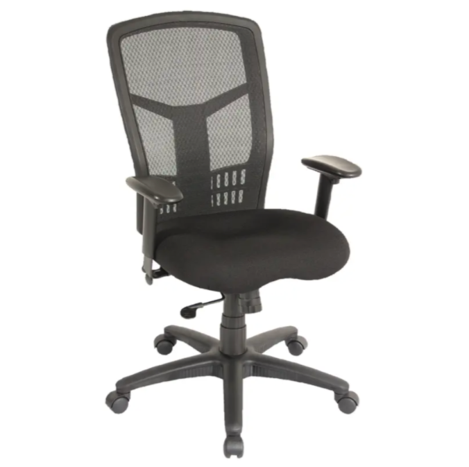 Black mesh-backed office chair with adjustable armrests, seat, and wheels.