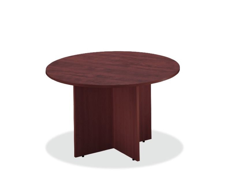 Round maroon conference table with a cross-shaped base.
