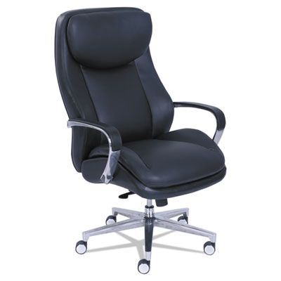 Black leather office chair with chrome arms and base.