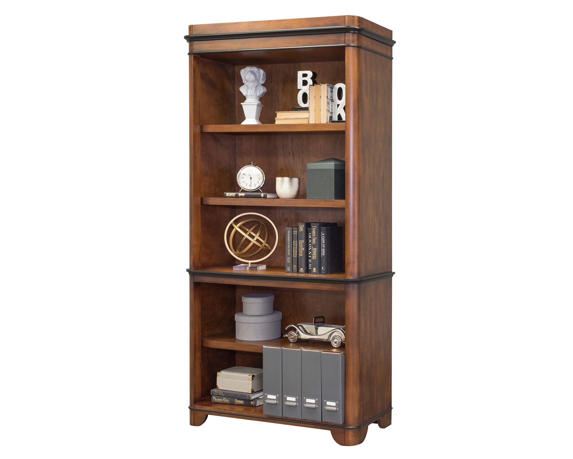 Wooden bookcase with displayed books and decor.