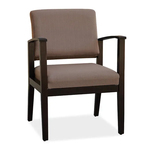 Brown upholstered armchair with dark wooden frame.