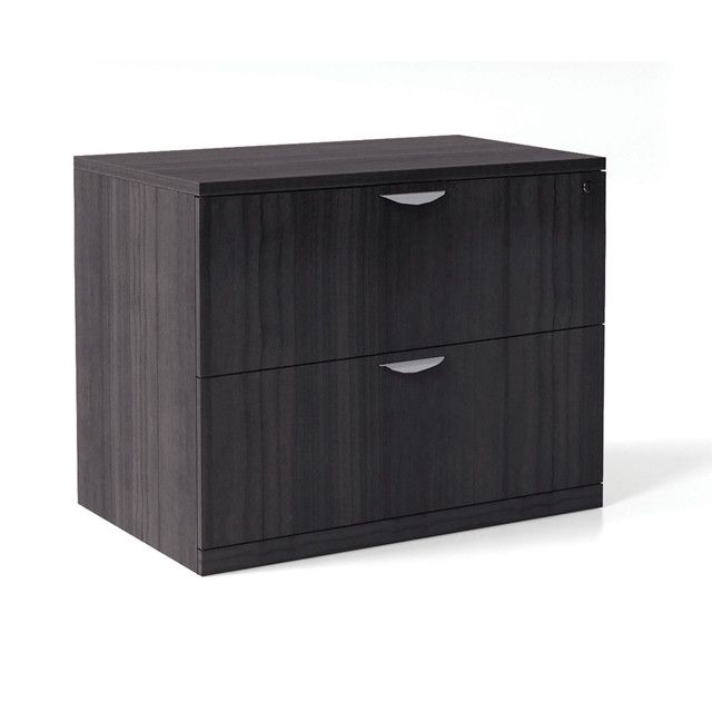 Dark gray two-drawer filing cabinet with silver handles, on a white background.
