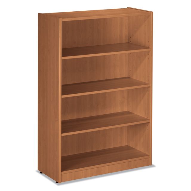 Wooden bookshelf with four shelves, brown color.