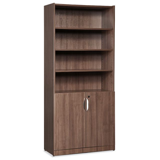 Brown wooden bookcase with shelves above a locking cabinet.