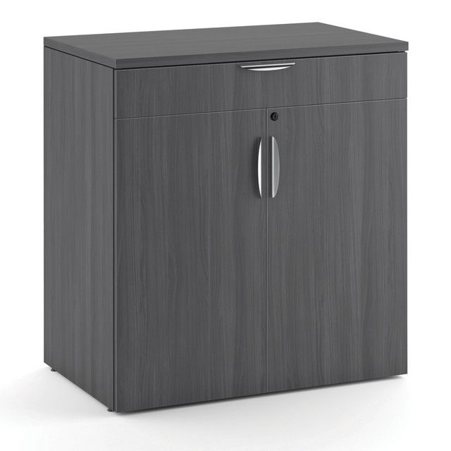Gray wooden office cabinet with drawer and doors, silver handles and lock.