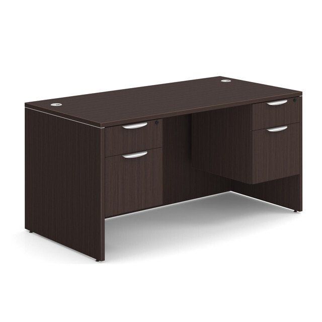Dark brown office desk with drawers, side panels, and grommet holes.