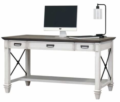 White desk with three drawers, dark top, black metal accents, and a computer.