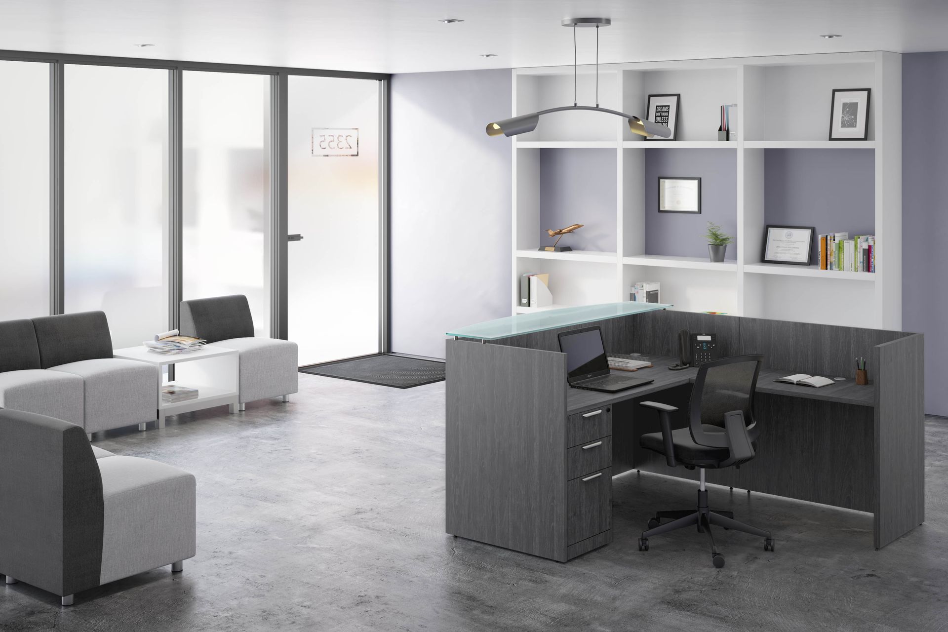 Modern office reception area with desk, seating, and frosted glass door.