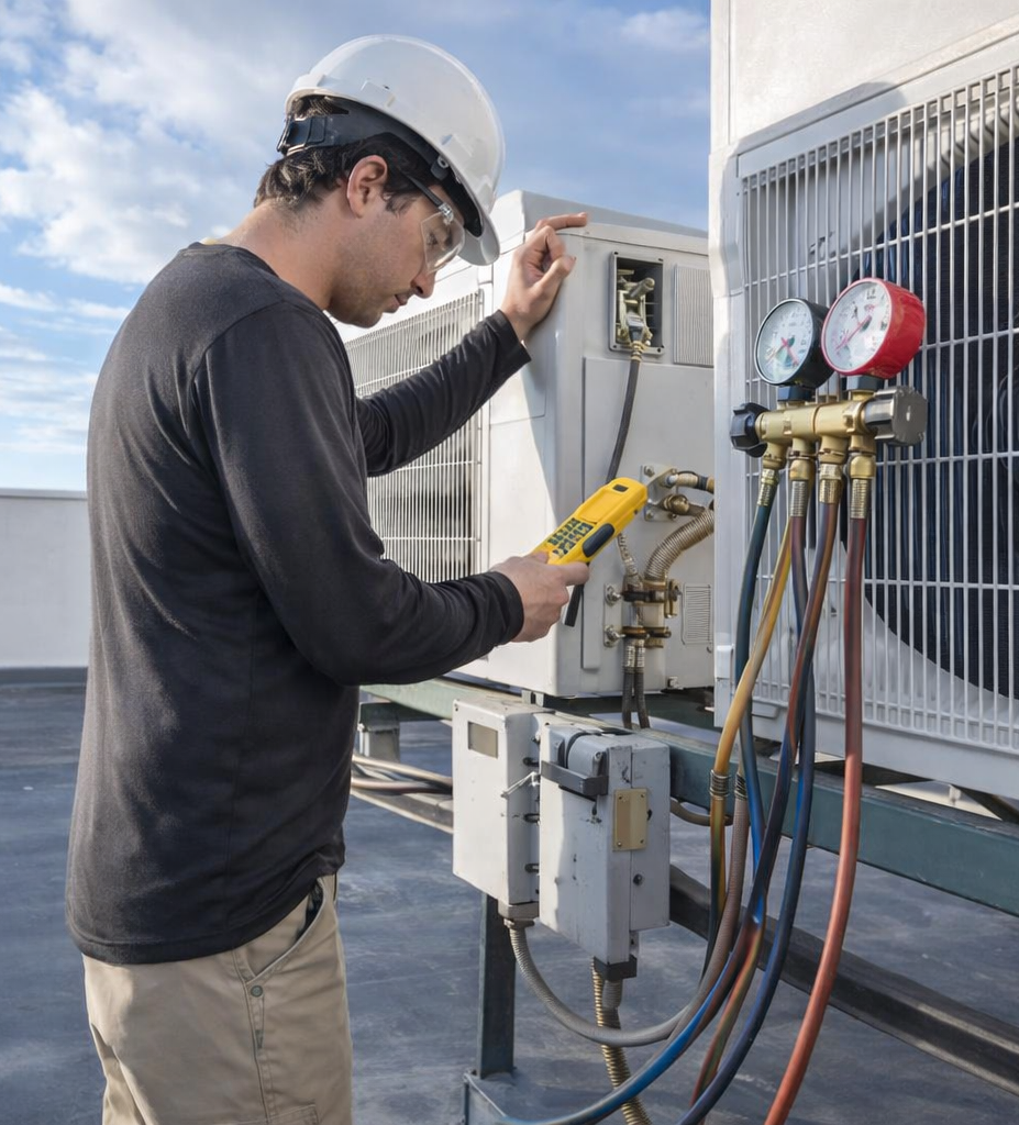 Technician in hard hat using a multimeter on rooftop HVAC controls with gauges and hoses