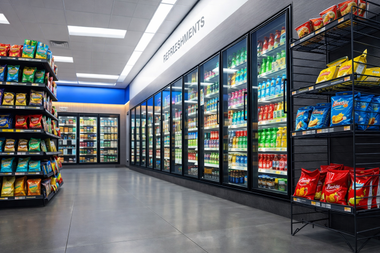 Glass-door beverage coolers stocked with drinks in a store aisle