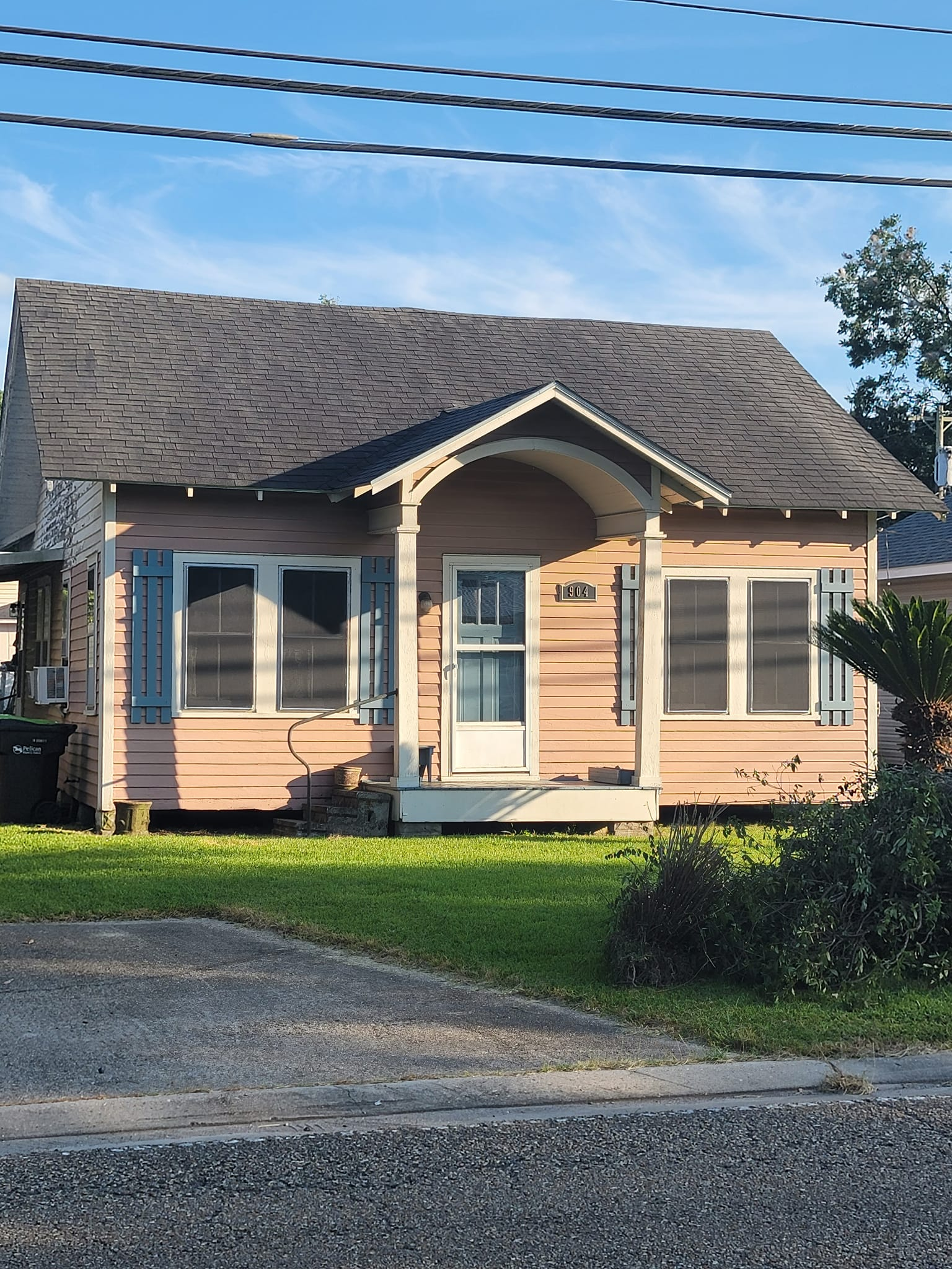 Pink house with shutters, porch, and a gray roof; set against a blue sky, power lines overhead.