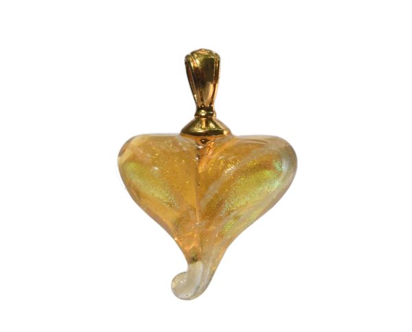Golden heart-shaped glass pendant with a white swirl and gold bail