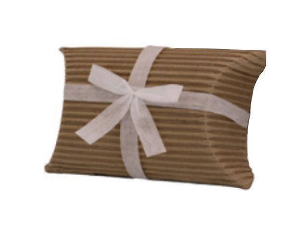 Brown striped gift box wrapped with a white ribbon bow