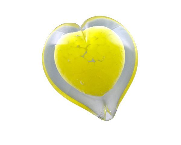 Yellow heart-shaped glass paperweight with a white border on a white background