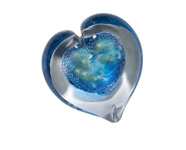 Blue heart-shaped glass ornament with a glittery blue center