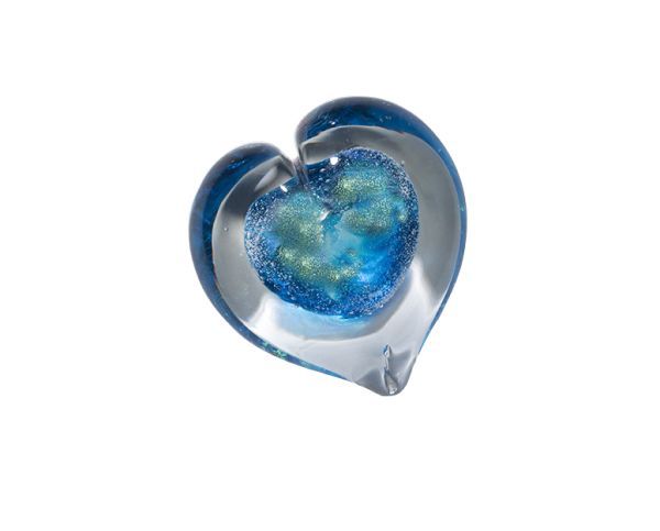 Blue glass heart pendant with a glittery blue center on a white background