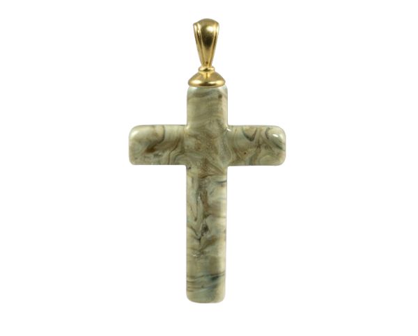 Gold-toned cross pendant with a marbled green stone finish
