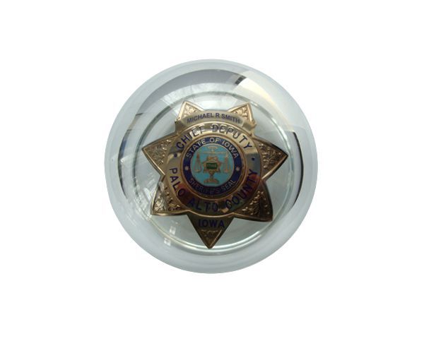 Gold sheriff badge with blue center in a clear round display case on white background