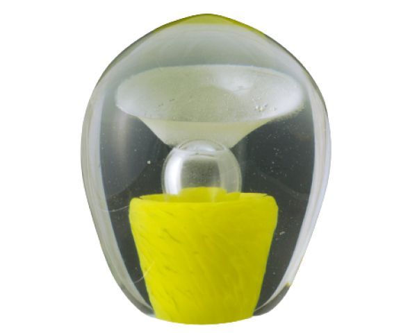 Yellow and clear drop-shaped object with a transparent top and white cap-like top inside