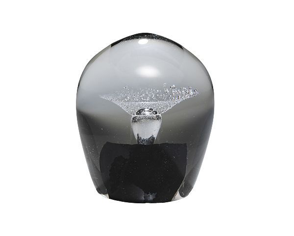 Small black-and-silver glass figurine with a rounded top and pale speckled center