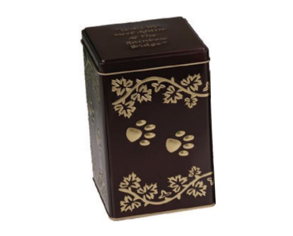 Dark brown decorative tin box with gold floral and leaf patterns