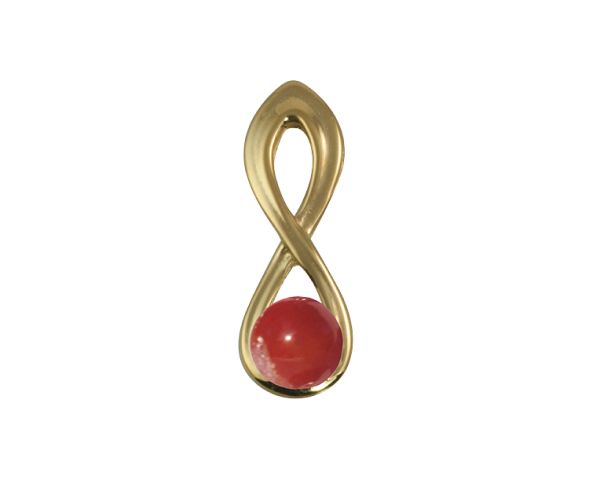 Gold infinity pendant with a red gemstone at the bottom