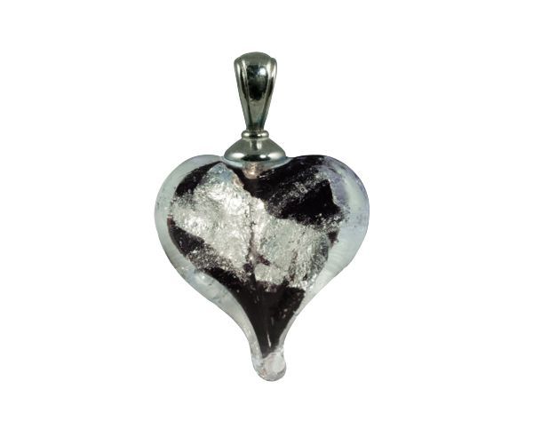 Silver heart-shaped pendant with a black-and-white marbled design on a white background