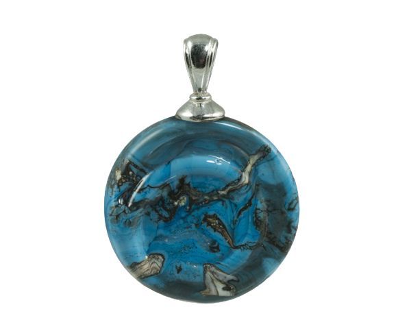 Round blue marbled pendant with a silver bail
