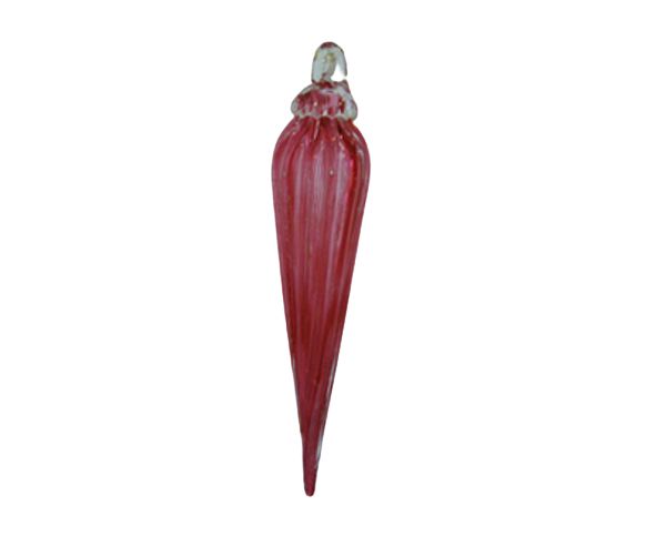 Red elongated glass ornament with a silver cap on a white background