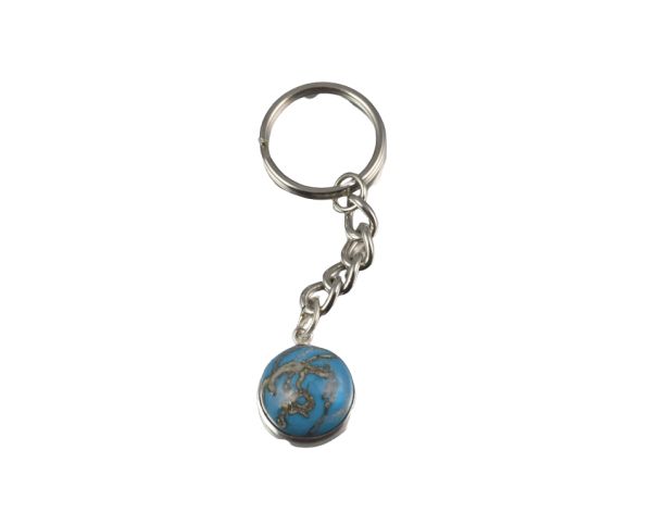 Silver keychain with a blue globe charm
