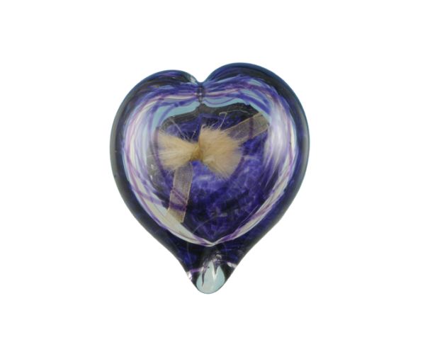 Purple glass heart-shaped pendant with a pale cream center on a white background