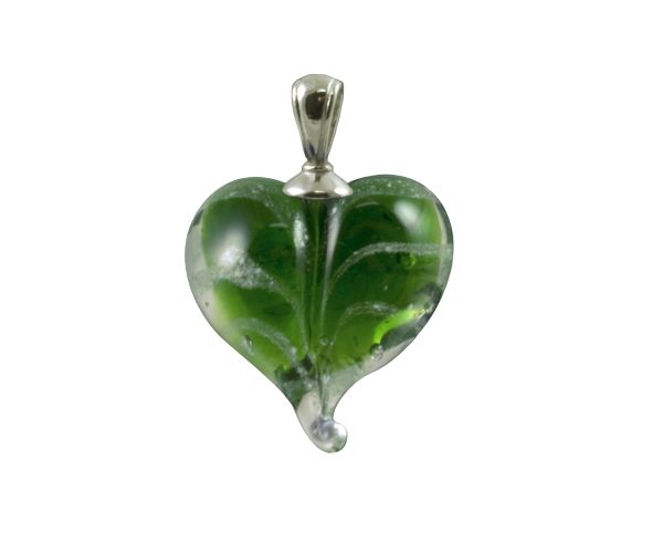 Green heart-shaped glass pendant with silver bail and tip