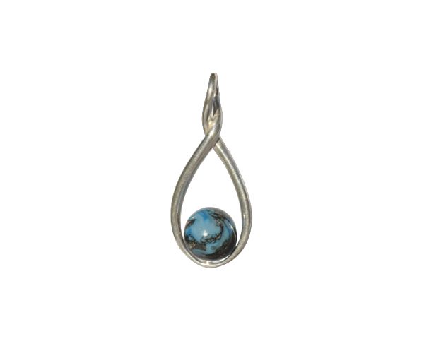 Silver teardrop pendant with a blue marbled bead at the bottom