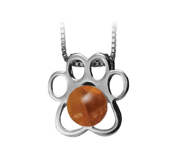 Silver paw-shaped pendant necklace with a brown center bead
